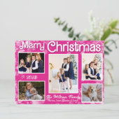 ホットピンク＆ホワイトの雪の結晶　クリスマスホリデーカード シーズンカード (スタンド正面)