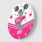 ホットピンク&ホワイトスターズ応援応援を率いる女の子 ラージ壁時計 (傾斜)