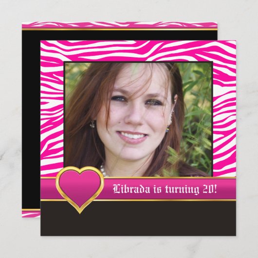 ホットピンク、ホワイトゼブラ&ハート20th誕生日の写真 招待状 (正面/裏面)
