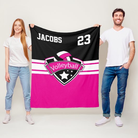 ホットピンク、ホワイト、ブラックのバレーボールのロゴ フリースブランケット (インサイチュ)