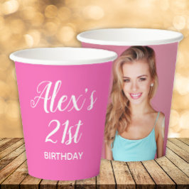 ホットピンク ホワイト 21歳の誕生日 名前 写真入り 紙コップ