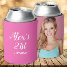 ホットピンク ホワイト 21歳の誕生日 名前 写真入り 缶クーラー