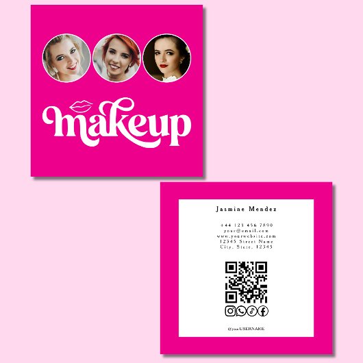 ホットピンク ホワイト 3 写真 MUA QRコード ソーシャル スクエア名刺