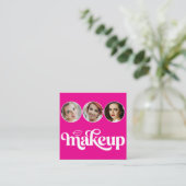 ホットピンク ホワイト 3 写真 MUA QRコード ソーシャル スクエア名刺 (スタンド正面)