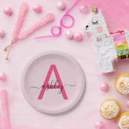 ホットピンク モダンスクリプト ガーリー モノグラム ネーム ペーパープレート