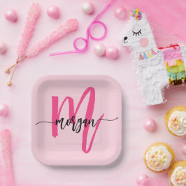 ホットピンク モダン スクリプト ガーリー モノグラム ネーム ペーパープレート