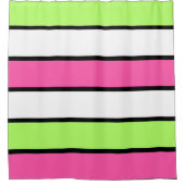 ホットピンク、ライムグリーン、白黒のストライプ シャワーカーテン (正面)