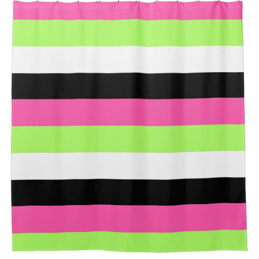 ホットピンク、ライムグリーン、白黒のストライプ シャワーカーテン (正面)