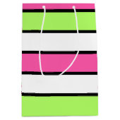 ホットピンク、ライムグリーン、白黒のストライプ ミディアムペーパーバッグ (正面)