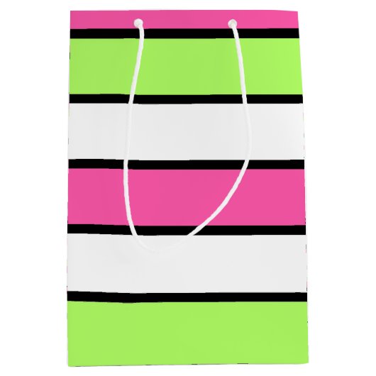 ホットピンク、ライムグリーン、白黒のストライプ ミディアムペーパーバッグ (正面)
