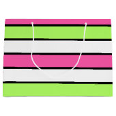 ホットピンク、ライムグリーン、白黒のストライプ ラージペーパーバッグ (正面)