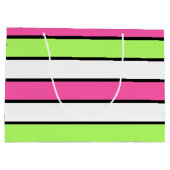 ホットピンク、ライムグリーン、白黒のストライプ ラージペーパーバッグ (裏面)