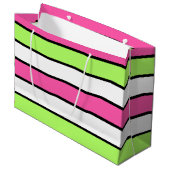 ホットピンク、ライムグリーン、白黒のストライプ ラージペーパーバッグ (正面アングル)