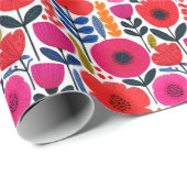 ホットピンク&レッドウォーター色の花BOHOシックフローラ ラッピングペーパー (ロールコーナー)