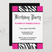 ホットピンク·ワイルド·タイム·ゼブラ·バースデー·パーティーの招待 招待状 (正面/裏面)