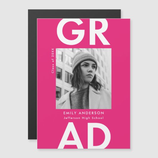 ホットピンク |写真はっきりした卒業発表 マグネット招待状 (正面/裏面)
