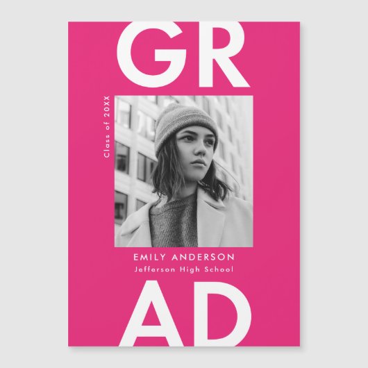 ホットピンク |写真はっきりした卒業発表 マグネット招待状 (正面)