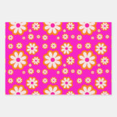 ホットピンク&焦げたオレンジデイジーパターンレトロフローラ ラッピングペーパーシート (正面2)