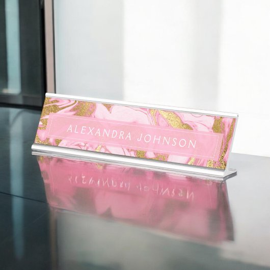 ホットピンク、白およびゴールドフォイル大理石モダン石 デスクネームプレート