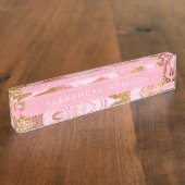 ホットピンク、白およびゴールドフォイル大理石モダン石 デスクネームプレート (側面)