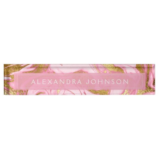 ホットピンク、白およびゴールドフォイル大理石モダン石 デスクネームプレート (正面)