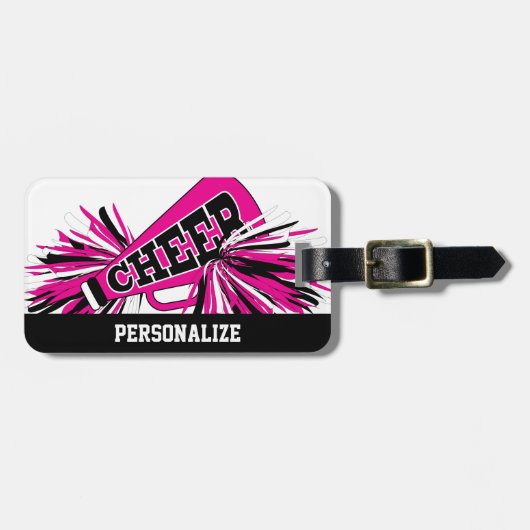 ホットピンク、白と黒のチアリーダーのメガホン ラゲッジタグ (正面横)