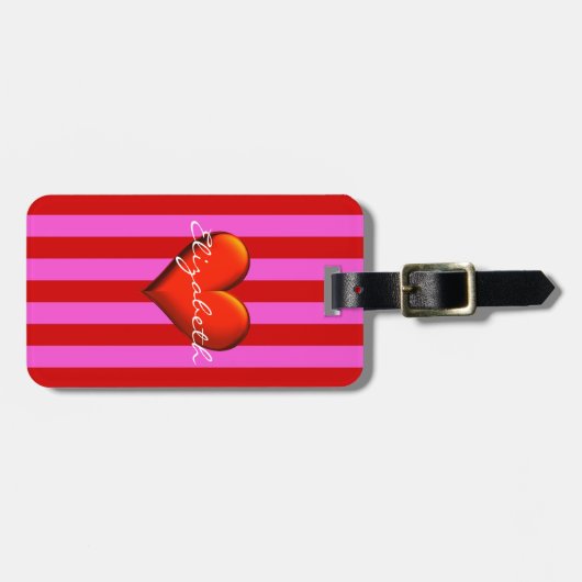 ホットピンク、赤いストライプハート、赤いメタリックモノグラム ラゲッジタグ (正面横)