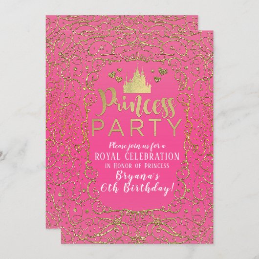 ホットピンク&金ゴールドキャッスルプリンセスパーティー誕生日 招待状 (正面/裏面)