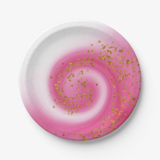 ホットピンク&金ゴールドグリッターグラデーション子供の誕生日パーティー ペーパープレート (正面)