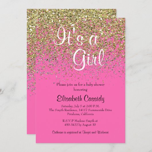 ホットピンク&金ゴールドグリッターベビーシャワー招待状 招待状 (正面/裏面)