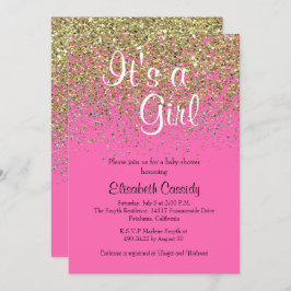 ホットピンク&金ゴールドグリッターベビーシャワー招待状 招待状