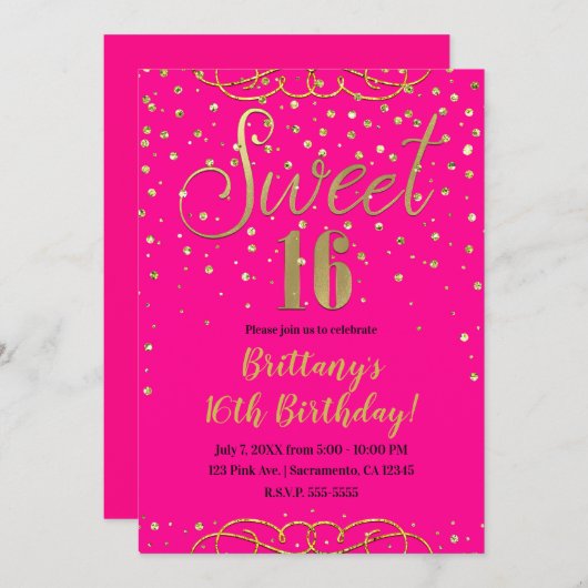 ホットピンク&金ゴールドグリッターモダンスウィート16パーティー 招待状 (正面/裏面)
