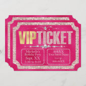 ホットピンク&金ゴールドダイヤモンドとグリッターチケット 招待状 (正面/裏面)