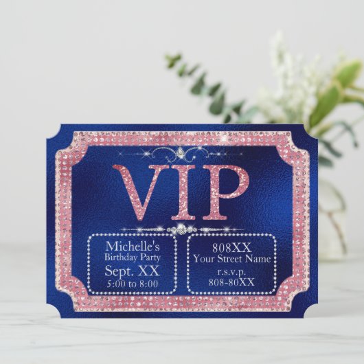 ホットピンク&金ゴールドダイヤモンドグリッターブルーVIPチケット 招待状 (スタンド正面)