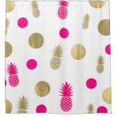 ホットピンク&金ゴールドドット&パイナップルおもしろいサマーシック シャワーカーテン (正面)