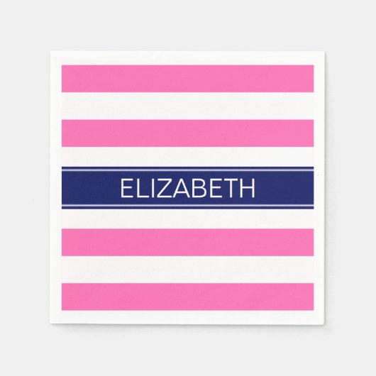 ホットピンク#2 Whtホリストライプズ海軍名モノグラム スタンダードカクテルナプキン (正面)