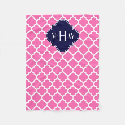 ホットピンク#2 Whtモロッコ#5ネイビー3イニシャルモノグラム フリースブランケット (正面)