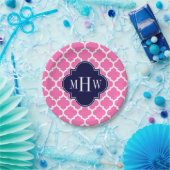 ホットピンク#2 Whtモロッコ#5ネイビー3イニシャルモノグラム ペーパープレート (パーティー)