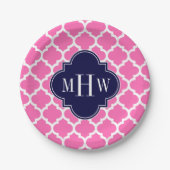 ホットピンク#2 Whtモロッコ#5ネイビー3イニシャルモノグラム ペーパープレート (正面)