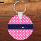 ホットピンク#2 Wht水玉模様ネイビーブルーネームモノグラム キーホルダー (正面)