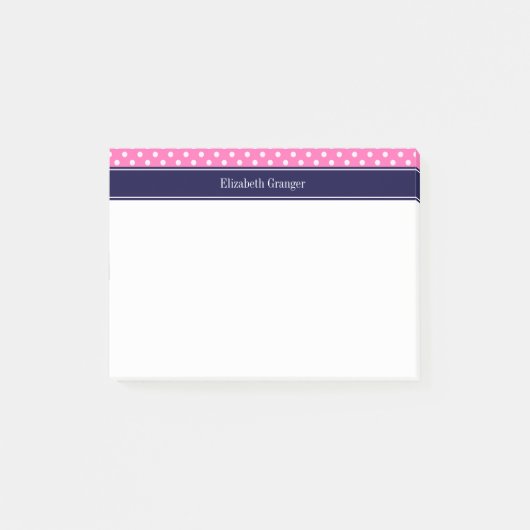 ホットピンク#2 Wht水玉模様ネイビーブルーネームモノグラム ポストイット (正面)