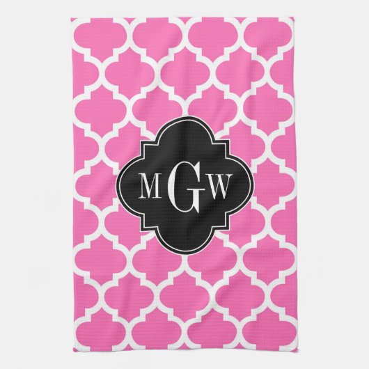 ホットピンクWTモロッコモロッコ#5ブラック3イニシャルモノグラム キッチンタオル (縦)