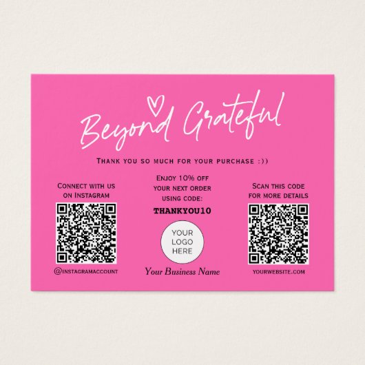 ホットピンモダンクスクリプトQRコードサンキューカード (正面)