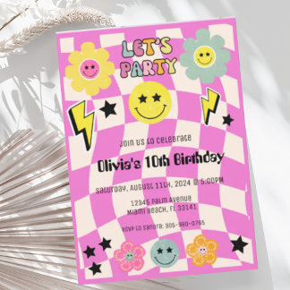 ホットピ名門私立校風のンクY2Kハッピー顔パーティー誕生日 招待状