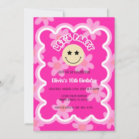 ホットピ名門私立校風のンクY2Kハッピー顔パーティー誕生日 招待状 (正面)