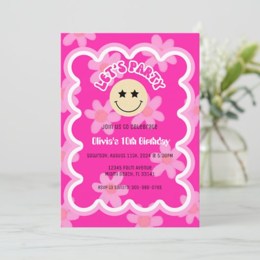 ホットピ名門私立校風のンクY2Kハッピー顔パーティー誕生日 招待状 (スタンド正面)