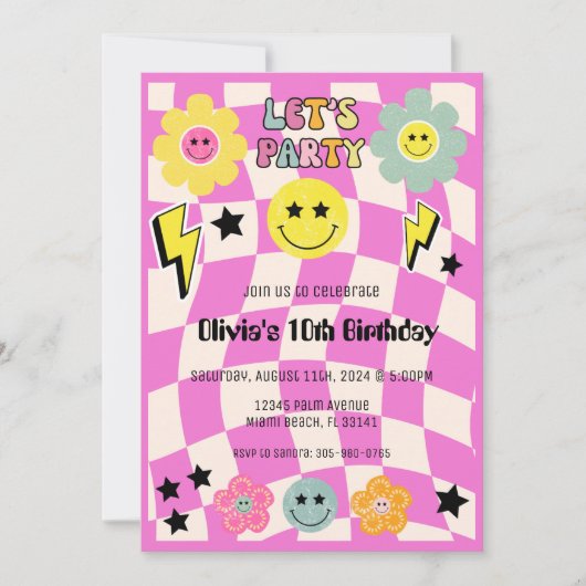 ホットピ名門私立校風のンクY2Kハッピー顔パーティー誕生日 招待状 (正面)