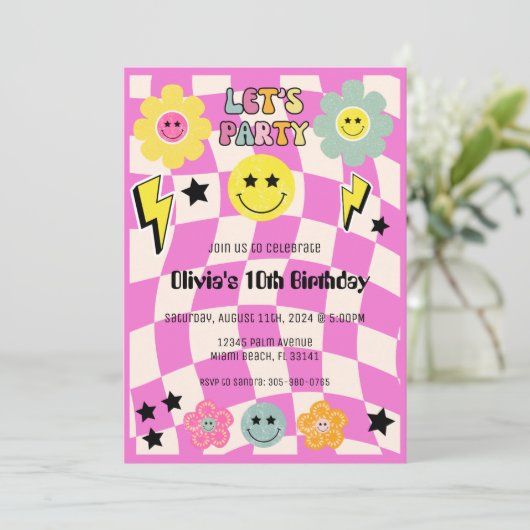 ホットピ名門私立校風のンクY2Kハッピー顔パーティー誕生日 招待状 (スタンド正面)