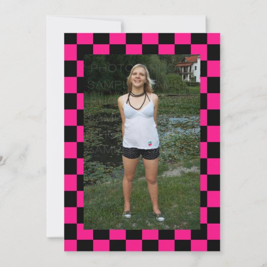 ホットピ市松模様にンクク黒Letsパーティー甘い16写真 招待状 (裏面)