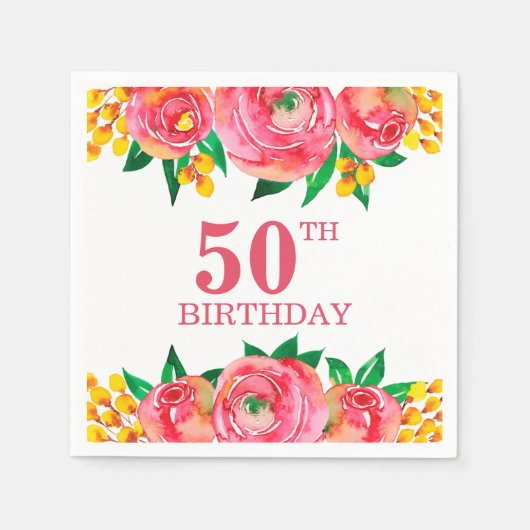 ホットピ鮮やかンクとイエローウォーターのカラーフローラ スタンダードカクテルナプキン (正面)